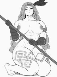 Rule 34 | 1girl, abs, aka-san94, amazon (dragon&#039;s crown), armband, barefoot, breasts, curvy, dragon&#039;s crown, elbow gloves, feet, female focus, gloves, highres, holding, holding weapon, kneeling, large breasts, legs, long hair, looking at viewer, monochrome, muscular, muscular female, nipples, nude, parted lips, simple background, smile, solo, thick thighs, thighs, very long hair, weapon, white background, wide hips
