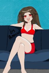 Rule 34 | alice leah, aly doppelbvnger, bad tag, blush, brown eyes, brown hair, freckles, highres, looking at viewer, sitting, smile, solo, summer