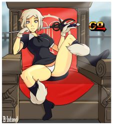 Rule 34 | 1girl, artist name, ass, b-intend, boots, gloves, grey eyes, ms. y, panties, sega, shiny skin, short hair, sidelocks, spread legs, streets of rage, streets of rage 4, sword, thick thighs, thighs, underwear, upskirt, weapon, white hair, white panties