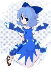 Rule 34 | 1girl, bad id, bad pixiv id, blue eyes, blue hair, bow, cirno, female focus, from behind, looking back, mary janes, matching hair/eyes, shoes, short hair, sitting, solo, embodiment of scarlet devil, touhou, wings