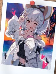 Rule 34 | 1girl, ;d, animal ears, beach, blush, bow, commentary request, fake animal ears, granblue fantasy, hair bobbles, hair bow, hair ornament, hairband, heart, highres, jacket, long sleeves, looking at viewer, medium hair, midriff, mouse ears, navel, one eye closed, open mouth, palm tree, photo (object), red eyes, sawayaka samehada, scrunchie, smile, solo, tree, upper body, vikala (granblue fantasy), w, white bow, white hair, white jacket, wrist scrunchie
