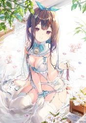 Rule 34 | 1girl, bare shoulders, bow, bowtie, bra, branch, breasts, brown eyes, brown hair, cleavage, detached collar, flower, frilled bra, frilled panties, frills, garter belt, gloves, hair ribbon, highres, holding, holding hair, lingerie, long hair, looking at viewer, medium breasts, miwabe sakura, no shoes, original, panties, panties over garter belt, petals, pocket watch, ribbon, sidelocks, sitting, smile, solo, stomach, thighhighs, underwear, underwear only, wariza, watch, water, white bra, white flower, white gloves, white panties, white thighhighs