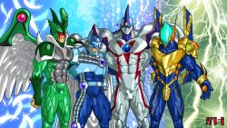 Rule 34 | 4boys, arm around shoulder, bara, blue bodysuit, blush, bodysuit, bulge, commission, covered abs, crotch plate, duel monster, elemental hero avian, elemental hero bubbleman, elemental hero neos, elemental hero sparkman, feathered wings, feathers, feet out of frame, galeoria, green bodysuit, heart, lightning, male focus, multiple boys, muscular, muscular male, pectorals, pixiv commission, seductive smile, skin tight, smile, superhero costume, thighs, tusks, water, white bodysuit, wings, yu-gi-oh!, yu-gi-oh! gx