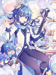 Rule 34 | 1boy, balloon, black pants, blue bow, blue eyes, blue hair, blue nails, blue scarf, blush stickers, bow, box, character doll, coat, commentary, crown, gift, gift box, guitar, headset, heart balloon, holding, holding spoon, hyou (pixiv3677917), instrument, kaito (vocaloid), male focus, mini crown, pants, parfait, scarf, sitting, smile, solo, spoon, symbol-only commentary, turtleneck, vocaloid, white coat, zipper