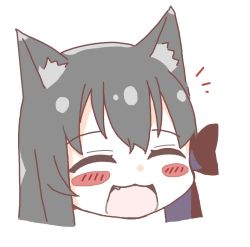 Rule 34 | 1girl, :d, ^ ^, animal ear fluff, animal ears, back bow, black hair, blush stickers, bow, closed eyes, commentary request, closed eyes, facing viewer, fang, long hair, okota mikan, open mouth, original, simple background, smile, solo, white background