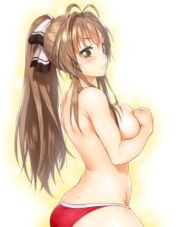 Rule 34 | 10s, 1girl, amagi brilliant park, antenna hair, ass, blush, bow, breasts, brown eyes, brown hair, covering privates, covering breasts, from behind, hair bow, large breasts, looking back, onsoku inu, panties, panties only, ponytail, red panties, sento isuzu, solo, topless, underwear, underwear only