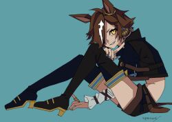 Rule 34 | 1girl, animal ears, black footwear, black jacket, black shorts, blue background, blue nails, boots, brown hair, commentary request, cropped jacket, from side, full body, grin, hair over one eye, high heel boots, high heels, highres, horse ears, horse girl, horse tail, jacket, knees up, looking at viewer, multicolored hair, nail polish, short shorts, shorts, signature, simple background, smile, solo, supercurry, tail, thigh boots, two-tone hair, umamusume, vodka (umamusume), white hair, yellow eyes