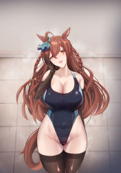 Rule 34 | 1girl, absurdres, animal ears, bad id, bad pixiv id, bare shoulders, big shine, black gloves, black one-piece swimsuit, black thighhighs, blush, braid, breasts, brown eyes, brown hair, cleavage, collarbone, commentary, commentary request, competition swimsuit, covered navel, cowboy shot, elbow gloves, gloves, hair ornament, highres, horse ears, horse girl, horse tail, large breasts, long hair, looking at viewer, mejiro bright (umamusume), one-piece swimsuit, open mouth, smile, solo, swimsuit, tail, thighhighs, thighs, twin braids, umamusume