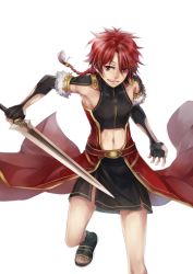 Rule 34 | 1boy, alexander (fate), armor, braid, fate/grand order, fate (series), male focus, midriff, red eyes, red hair, sandals, simple background, single braid, solo, sword, weapon, zaphylla