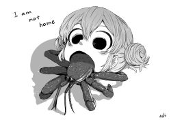 Rule 34 | 1girl, 4shi, artist name, commentary request, dango-chan (4shi), disembodied head, double bun, english text, greyscale, hair bun, hermit crab, highres, hollow eyes, monochrome, open mouth, original, short hair, white background