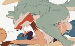 1boy 1girl animal_ears ball basketball_(object) black_hair blue_hair brand_new_animal butterchalk closed_eyes clothed_female_nude_male cum furry furry_female furry_male furry_with_furry grey_background kagemori_michiru mating_press multicolored_hair nude ogami_shirou raccoon_ears raccoon_girl raccoon_tail se sex short_hair simple_background sketch tail testicles two-tone_hair uncensored wolf_boy