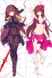 Rule 34 | 1girl, anklet, arm behind back, arm up, armor, armpits, bakugadou, bare arms, barefoot, bed sheet, bikini, blush, bodysuit, bracelet, breasts, bridal garter, brown hair, closed mouth, collarbone, covered navel, dakimakura (medium), fate/grand order, fate (series), flower, full body, gae bolg (fate), gluteal fold, groin, hair between eyes, hair flower, hair intakes, hair ornament, head tilt, heart, holding, holding weapon, jewelry, knees together feet apart, large breasts, legs together, long hair, looking at viewer, lying, multiple views, navel, no shoes, on back, pauldrons, pendant, pink bikini, polearm, purple bodysuit, red eyes, sarong, scathach (fate), shoulder armor, sidelocks, smile, spear, stomach, swimsuit, thigh gap, transparent, very long hair, weapon