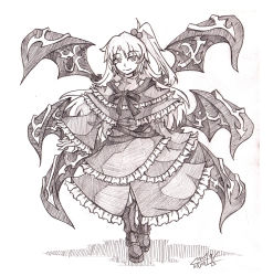 Rule 34 | 1girl, absurdres, boots, graphite (medium), hair bobbles, hair ornament, highres, long hair, monochrome, multiple wings, shinki (touhou), side ponytail, smile, sogin, touhou, touhou (pc-98), traditional media, turtleneck, wings