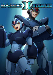 Rule 34 | 2boys, android, arm cannon, armor, blue gloves, commentary, dual persona, gloves, great (cyclops), green eyes, helmet, highres, male focus, mega man (series), x (mega man), mega man x (series), multiple boys, open mouth, robot, size difference, smile, weapon, white gloves