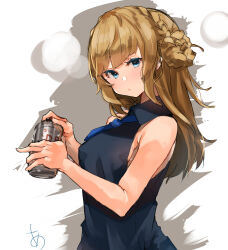 Rule 34 | 1girl, alcohol, beer, beer can, black shirt, blue eyes, breasts, can, closed mouth, collared shirt, drink can, hair bun, highres, holding, holding can, kantai collection, looking at viewer, ranger (kancolle), shirt, signature, simple background, single side bun, sleeveless, sleeveless shirt, solo, sunday aki, sweat, upper body