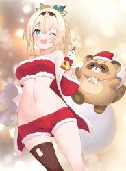 Rule 34 | 1girl, ;d, bandana, bare shoulders, bell, blonde hair, blue eyes, bow, breasts, brown thighhighs, christmas, crotch seam, fur-trimmed headwear, fur-trimmed jacket, fur-trimmed shorts, fur trim, hair between eyes, hairband, hat, highres, holding, holding bell, holding sack, hololive, jacket, kazama iroha, kuro kokujyou, kuro kokujyou, looking at viewer, lowleg, lowleg shorts, medium breasts, medium hair, navel, one eye closed, open mouth, pokobee, ponytail, red bandana, red bow, red headwear, red jacket, sack, santa costume, santa hat, short shorts, shorts, side ponytail, single thighhigh, smile, stomach, tanuki, thighhighs, virtual youtuber