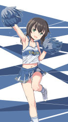 Rule 34 | 1girl, :d, alternate costume, armpits, bad id, bad pixiv id, blue skirt, brown hair, cheering, cheerleader, clothes writing, cnm, feet out of frame, female focus, fubuki (kancolle), green eyes, hair between eyes, highres, kantai collection, looking at viewer, midriff peek, open mouth, shoes, short hair, short ponytail, skirt, smile, socks, solo, white footwear, white socks