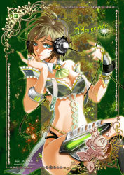 Rule 34 | 1girl, adapted costume, armlet, artist name, ascot, beads, belt, black panties, blue eyes, border, breasts, bridal gauntlets, brooch, brown hair, cable, cape, caracoro, closed mouth, crystal, detached collar, eyelashes, fingernails, gloves, green background, green nails, green theme, headphones, jewelry, large breasts, long fingernails, meiko (vocaloid), nail polish, off shoulder, outside border, panties, project diva (series), project diva f, revealing clothes, ring, shade, sharp fingernails, short hair, single glove, sitting, smile, solo, sparkle, spikes, swept bangs, thighlet, underwear, vocaloid