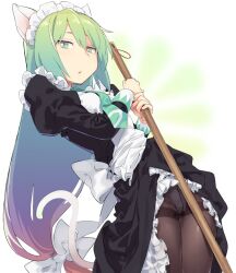 Rule 34 | 1girl, animal ears, apron, black dress, black pantyhose, blue hair, bow, breasts, dress, frilled dress, frills, gradient hair, green eyes, green hair, hair bow, holding, juliet sleeves, long hair, long sleeves, looking at viewer, low-tied long hair, maid, maid headdress, medium breasts, multicolored hair, nanaichi, original, panties, panties under pantyhose, pantyhose, parted lips, puffy sleeves, purple hair, solo, tail, thighband pantyhose, underwear, white apron, white bow