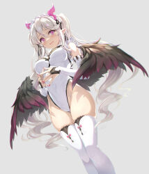Rule 34 | 1girl, absurdres, black feathers, black wings, breasts, bridal gauntlets, cleavage, dutch angle, elbow gloves, feathers, gloves, grey background, grey hair, hair between eyes, headdress, highleg, highleg leotard, highres, horns, leotard, long hair, looking at viewer, low wings, maid, medium breasts, multicolored hair, nail polish, original, pink eyes, pink horns, pointy ears, solo, streaked hair, tel-o, thighhighs, twintails, white thighhighs, wings