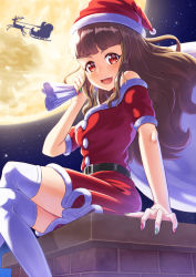 Rule 34 | 1girl, :d, bag, brown hair, crossed legs, floating hair, fur-trimmed headwear, fur-trimmed skirt, fur trim, gift bag, green nails, hat, highres, holding, holding bag, idolmaster, idolmaster cinderella girls, kamiya nao, long hair, looking at viewer, miniskirt, moon, multicolored nails, nail polish, ntn00a, open mouth, outdoors, purple nails, red eyes, red hat, red nails, red skirt, santa costume, santa hat, short sleeves, sitting, skirt, skirt set, sky, smile, solo, star (sky), starry sky, thighhighs, white thighhighs, zettai ryouiki