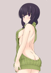 Rule 34 | 10s, 1girl, ass, backless outfit, bare arms, bare back, bare shoulders, blunt bangs, braid, breasts, butt crack, cowboy shot, dress, from behind, green sweater, halterneck, highres, kantai collection, kiri (foxsnake), kitakami (kancolle), long hair, meme attire, naked sweater, open mouth, ribbed sweater, sideboob, sidelocks, single braid, solo, sweater, sweater dress, triangle mouth, turtleneck, turtleneck sweater, virgin killer sweater
