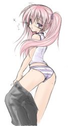 Rule 34 | 1girl, beatmania, beatmania iidx, bemani, blush, clothes pull, mizushiro celica, panties, pants, pants pull, panty pull, pink hair, pulled by self, purple eyes, short twintails, solo, standing, striped clothes, striped panties, twintails, underwear, undressing