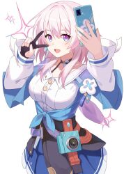 Rule 34 | .com (bot com1), archery shooting glove, black choker, black corset, blue eyes, blue jacket, breasts, camera, choker, corset, earrings, flower ornament, gradient eyes, highres, holding, holding phone, honkai: star rail, honkai (series), intertwined fate, jacket, jewelry, large breasts, long hair, long sleeves, march 7th (honkai: star rail), medium hair, multicolored eyes, open mouth, partially fingerless gloves, phone, pink eyes, pink hair, shirt, simple background, single earring, smile, tied jacket, two-tone eyes, v, yellow trim