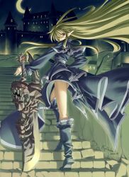 Rule 34 | 1girl, blonde hair, boots, castle, elf, long hair, moon, pointy ears, red eyes, solo, stairs, sword, ueda ryou, weapon