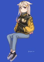 Rule 34 | 1girl, alternate costume, black ribbon, blonde hair, blue background, blue pants, blush, buttons, closed mouth, clothes writing, full body, hair ornament, hair ribbon, hairclip, hands in pockets, highres, jacket, kantai collection, letterman jacket, long hair, long sleeves, pants, red eyes, ribbon, shoes, simple background, sneakers, solo, sugue tettou, twitter username, yuudachi (kancolle), yuudachi kai ni (kancolle)