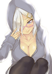 Rule 34 | 10s, 1girl, bespectacled, black pantyhose, blue eyes, breasts, cleavage, glasses, hair ornament, hair over one eye, hairclip, hamakaze (kancolle), highres, hood, hoodie, kantai collection, large breasts, nekotama1987, pantyhose, short hair, silver hair, simple background, sketch, solo, white background