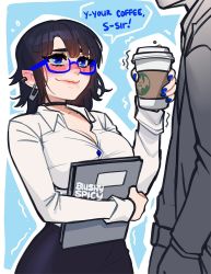 Rule 34 | 1girl, artist name, black choker, black hair, blue-framed eyewear, blue nails, blushyspicy, breasts, choker, cleavage, commentary, cowboy shot, cup, earrings, english text, glasses, highres, holding, holding cup, jewelry, large breasts, looking at another, medium hair, mole, mole under eye, nail polish, original, pencil skirt, pointy ears, shirt, skirt, smile, solo focus, vivian seong (blushyspicy), white shirt