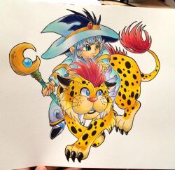 Rule 34 | 1girl, blue eyes, blue headwear, blue robe, borongo, character request, claws, creature, dragon quest, dragon quest x, hat, holding, holding staff, marker (medium), riding, robe, short hair, staff, traditional media, whiskers, witch hat, wotasyou