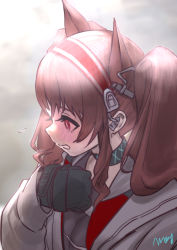 Rule 34 | 1girl, angelina (arknights), animal ears, arknights, black gloves, blurry, blurry background, blush, brown hair, choker, clenched hand, clenched teeth, commentary request, earpiece, eyebrows hidden by hair, fox ears, from side, gloves, hairband, highres, jacket, long hair, long sleeves, looking away, looking down, open clothes, open jacket, red eyes, red hairband, shirt, signature, solo, striped clothes, striped hairband, teeth, twintails, upper body, wanko (realsight)