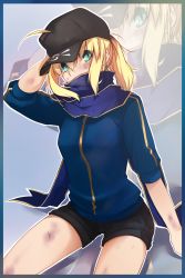 Rule 34 | 1girl, ahoge, artoria pendragon (fate), baseball cap, blonde hair, bruise, fate/stay night, fate (series), green eyes, hat, injury, jacket, mysterious heroine x (fate), ponytail, rojiura satsuki : chapter heroine sanctuary, saber (fate), short shorts, shorts, sitting, solo, track jacket, tusia, type-moon, zoom layer