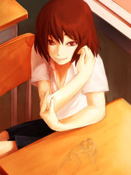 Rule 34 | 1girl, bad id, bad pixiv id, black skirt, brown hair, collarbone, collared shirt, desk, evil smile, from above, indoors, kurohachi, looking at viewer, red eyes, school desk, shirt, short hair, skirt, smile, solo, sumo, sunlight, table, white shirt