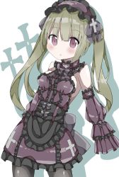 Rule 34 | 1girl, :&lt;, apron, bare shoulders, black apron, black pantyhose, blush, bow, breasts, commentary request, cross, detached sleeves, dress, frilled apron, frilled dress, frilled hairband, frills, gothic lolita, green hair, hair between eyes, hairband, hamada pengin, highres, leaning back, lolita fashion, long hair, long sleeves, looking at viewer, medium breasts, original, pantyhose, parted lips, puffy long sleeves, puffy sleeves, purple bow, purple dress, purple eyes, purple hairband, sleeves past fingers, sleeves past wrists, solo, triangle mouth, twintails, very long hair, waist apron, white background