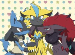 Rule 34 | :&lt;, arm around neck, blue eyes, claws, creatures (company), e no n old, fang, furry, game freak, gen 4 pokemon, gen 5 pokemon, gen 7 pokemon, green eyes, hand grab, leaning on person, legendary pokemon, lucario, mythical pokemon, nintendo, open mouth, pokemon, pokemon (creature), red eyes, red hair, sandwiched, smile, sweatdrop, yellow fur, zeraora, zoroark