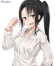 Rule 34 | 1girl, :d, absurdres, asymmetrical bangs, black hair, blush, brown eyes, collared shirt, hand up, highres, kantai collection, kiritto, long hair, long sleeves, looking at viewer, nachi (kancolle), open mouth, pointing, pointing at self, round teeth, shirt, side ponytail, sidelocks, smile, solo, teeth, twitter username, upper body, white shirt, wing collar
