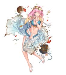 Rule 34 | 1girl, bare arms, bikini, blonde hair, blue eyes, blue nails, breasts, cleavage, coconut, earrings, fire emblem, fire emblem heroes, flower, food, fruit, fruit cup, full body, gradient hair, gunnthra (fire emblem), hair flower, hair ornament, highres, jewelry, kippu, large breasts, long hair, multicolored hair, nail polish, nintendo, official art, pink hair, sandals, solo, stomach, swimsuit, toenail polish, toenails, toes, torn clothes, transparent background, white footwear