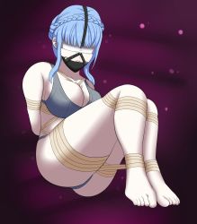 Rule 34 | 1girl, ass, ball gag, bdsm, blindfold, blue bra, blue hair, blue panties, blush, bondage, bound, bra, breasts, brown rope, cleavage, cloth gag, collarbone, dankestofdans, feet, female focus, fire emblem, fire emblem: three houses, gag, gagged, hair bun, harness gag, head harness, highres, improvised gag, intelligent systems, large breasts, layered gags, marianne von edmund, nintendo, o-ring, panties, purple background, rope, shiny clothes, shiny skin, short hair, sideboob, solo, thick thighs, thighs, thong, underwear, variant set