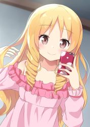 Rule 34 | 1girl, absurdres, bare shoulders, blonde hair, blurry, blurry background, brown eyes, cellphone, closed mouth, commentary, depth of field, dress, dutch angle, english commentary, eromanga sensei, fingernails, hands up, highres, holding, holding phone, ikazu401, indoors, long hair, long sleeves, off-shoulder dress, off shoulder, phone, pink dress, ringlets, selfie, smile, solo, upper body, very long hair, yamada elf