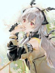 Rule 34 | 1girl, arknights, arm support, breasts, chinese commentary, commentary request, detached sleeves, dress, from side, grey dress, hair between eyes, hair ornament, hair ribbon, highres, long hair, long sleeves, looking at viewer, looking to the side, low-tied long hair, outdoors, own hands together, red eyes, ribbon, short dress, sidelocks, silver hair, small breasts, smile, solo, upper body, watermark, weedy (arknights), x hair ornament, yinchuan