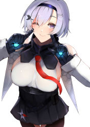 Rule 34 | 1girl, ;), absurdres, azur lane, belt, belt pouch, black belt, black hairband, black pantyhose, black skirt, blush, breasts, chiru (218mg), closed mouth, commentary request, cowboy shot, crotchless, crotchless pantyhose, detached collar, detached sleeves, fingers to cheeks, grey hair, hair between eyes, hair ornament, hairband, hairclip, hands up, high-waist skirt, highres, impossible clothes, impossible shirt, large breasts, looking at viewer, metal gloves, necktie, one eye closed, pantyhose, parted hair, pleated skirt, pouch, purple eyes, red necktie, reno (azur lane), shirt, short hair, sideboob, sidelocks, simple background, skirt, sleeveless, smile, solo, standing, star (symbol), star print, white background, white shirt, white sleeves
