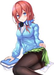 Rule 34 | 1girl, absurdres, bad id, bad twitter id, black pantyhose, blue eyes, blue sweater, book, breasts, go-toubun no hanayome, green skirt, hair between eyes, headphones, headphones around neck, highres, large breasts, looking at viewer, nakano miku, neon (hhs9444), pantyhose, pout, red hair, simple background, sitting, skirt, solo, sweater, white background, yokozuwari