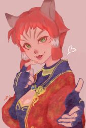 Rule 34 | 1girl, animal ears, breasts, cat ears, cat girl, cleavage, closed mouth, fang, final fantasy, final fantasy xi, fingerless gloves, fingernails, gloves, green eyes, hair tubes, hands up, heart, highres, jacket, mithra (ff11), naja salaheem, open clothes, open jacket, pink background, pink lips, purple gloves, red hair, red jacket, sakuraran, short bangs, short hair, signature, simple background, small breasts, smile, solo, uneven eyes, upper body