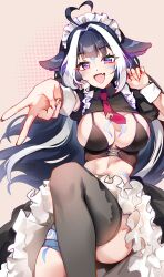Rule 34 | 1girl, absurdres, animal ears, apron, arm tattoo, ass, ass grab, black bra, black hair, black skirt, blush, body markings, bra, breasts, cleavage, facial tattoo, foxyreine, frilled apron, frills, highres, indie virtual youtuber, large breasts, long hair, looking at viewer, maid headdress, multicolored hair, open mouth, orca girl, puffy short sleeves, puffy sleeves, purple eyes, short sleeves, shylily, sidelocks, skirt, smile, solo, streaked hair, tattoo, thigh strap, thighs, underwear, v, virtual youtuber, waist apron, white apron, white hair, wrist cuffs