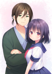 Rule 34 | 1boy, 1girl, black hair, blue kimono, blue sailor collar, blue skirt, blush, breasts, brown hair, closed mouth, collarbone, commentary request, copyright request, crossed arms, green eyes, hair between eyes, highres, japanese clothes, kimono, long hair, medium breasts, neckerchief, pleated skirt, red eyes, red neckerchief, sailor collar, school uniform, serafuku, shirt, short sleeves, skirt, smile, usashiro mani, white shirt