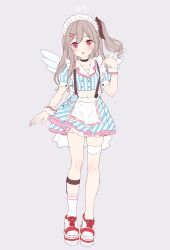 Rule 34 | 1girl, absurdres, apron, asymmetrical legwear, blue shirt, blue skirt, blush, bow, choker, collarbone, commentary request, crop top, fishnet socks, fishnets, frilled shirt, frills, full body, grey background, grey hair, hair bow, hair ornament, hairclip, hand up, highres, jimmy madomagi, long hair, looking at viewer, maid, maid headdress, midriff, mini wings, miniskirt, navel, one side up, open mouth, original, puffy short sleeves, puffy sleeves, red eyes, shirt, shoes, short sleeves, simple background, skirt, sneakers, socks, solo, standing, striped clothes, striped shirt, striped skirt, stuffed animal, stuffed toy, suspenders, teddy bear, thigh strap, uneven legwear, waist apron, wing collar, wings, wrist cuffs