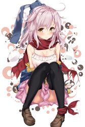 Rule 34 | 1girl, absurdres, bad id, bad twitter id, black thighhighs, blush, breasts, brown footwear, cleavage, floating hair, full body, highres, loafers, long hair, looking at viewer, medium breasts, miniskirt, original, pink hair, pink skirt, pleated skirt, red scarf, sasahara wakaba, scarf, shirt, shoes, sitting, skirt, sleeveless, sleeveless shirt, solo, striped clothes, striped skirt, thighhighs, white background, white shirt, yellow eyes